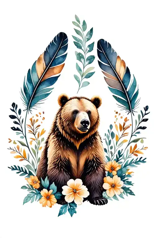 grizzly bear with feathers and flowers intertwined tattoo design idea