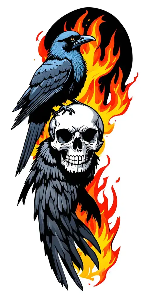 Rock style sleeve with a skull, raven and fire tattoo design idea