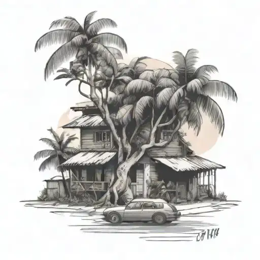 guava tree,  nipa hut, mother and son, computer, buildings, beautiful bungalow house, black car, cats tattoo design idea