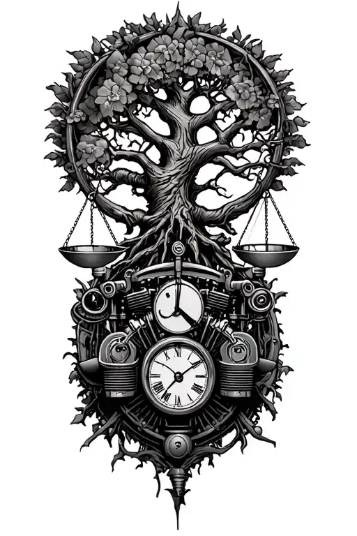 midevil tree of life, steampunk libra scale, old harley engine & time tattoo design idea