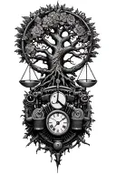 midevil tree of life, steampunk libra scale, old harley engine & time tattoo design idea