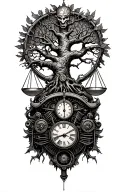 midevil tree of life, steampunk libra scale, old harley engine & time tattoo design idea