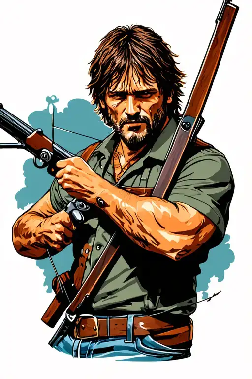 Daryl Dixon holding a crossbow in the style of an old school pinup tattoo design idea