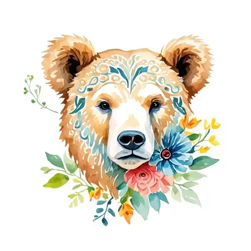 paisley bear head flowers wrapped tattoo design idea