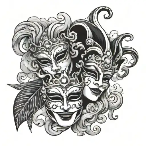 Venetian masks cry and smile under a black fool with clouds tattoo design idea