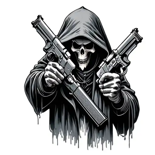 hooded reaper holding pistols tattoo design idea