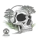 nature trees grass field emotional   skull at peace arm sleeve tattoo design idea