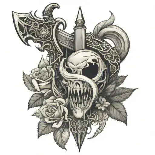 A sword with a hilt that is a uterus and engraved on the blade it says venom one way and women the other way tattoo design idea