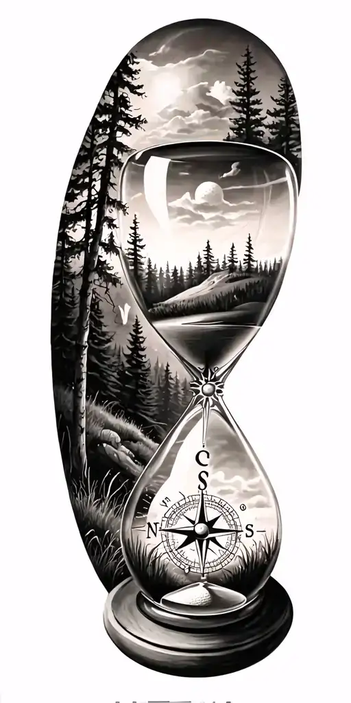 family and forest and hour glass and compass golf course tattoo design idea
