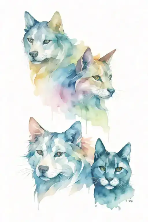 Big dog face and small silhouettes of 3 cats and 2 dogs tattoo design idea