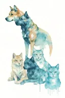 Big dog face and small silhouettes of 3 cats and 2 dogs tattoo design idea