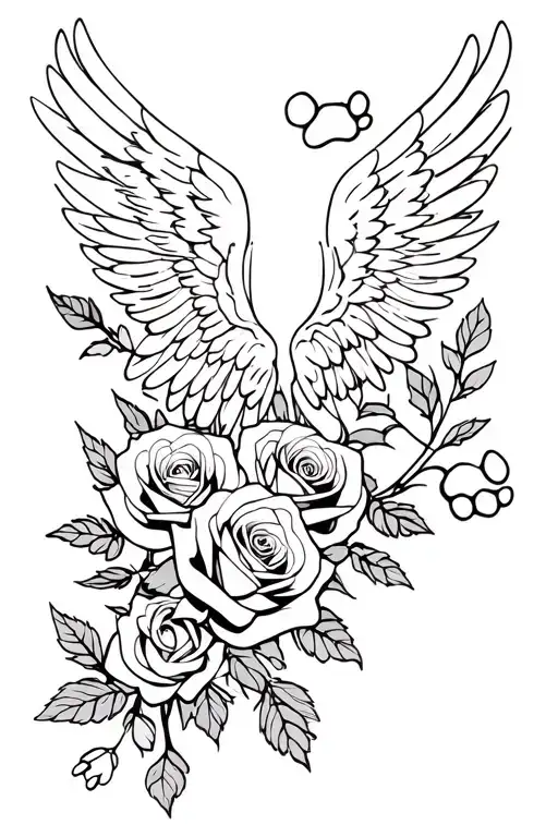 Roses, angel wings, dog paws, springs, wolf, evening red, nature, sketch design or realistic, tattoo tattoo design idea