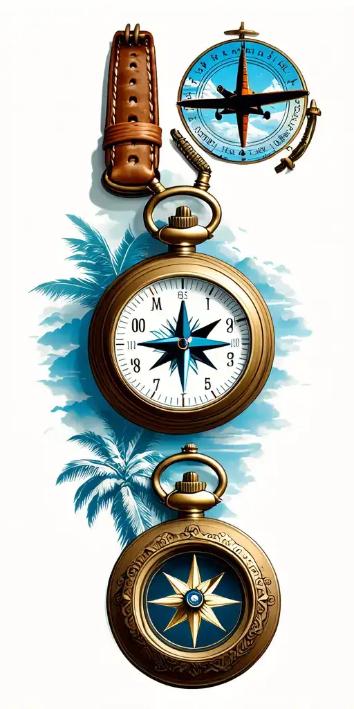 realistic, MT. hood, airplane, hawaii, compass, pocket watch, tattoo design idea