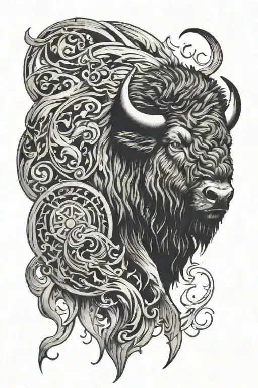 Buffalo and Flame in Shadow style forearm tattoo design idea