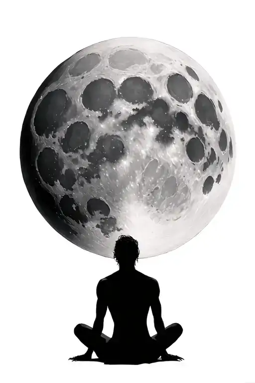 dark figure sitting in front of huge realistic detailed moon back facing super realistic detailed complex tattoo design idea