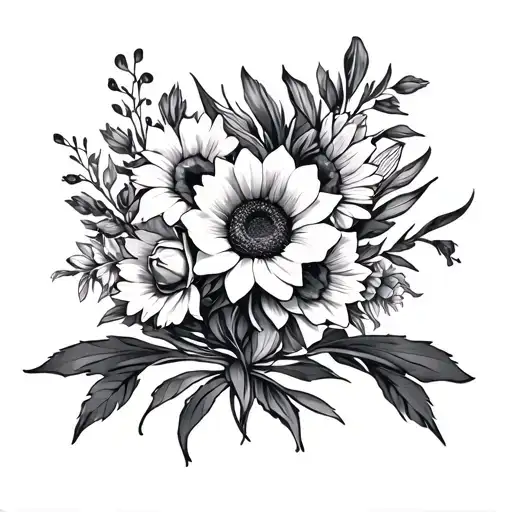 mens floral arm sleeve with sunflowers, rose, proteas, and narcissus  tattoo design idea