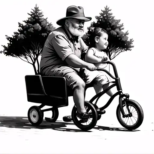 little girl on tricycle being watched by grandfather tattoo design idea