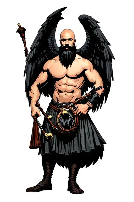 bagpipes in left arm bald shirtless muscular bagpiper black beard with two huge black wings  tattoo design idea