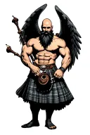 bagpipes in left arm bald shirtless muscular bagpiper black beard with two huge black wings  tattoo design idea