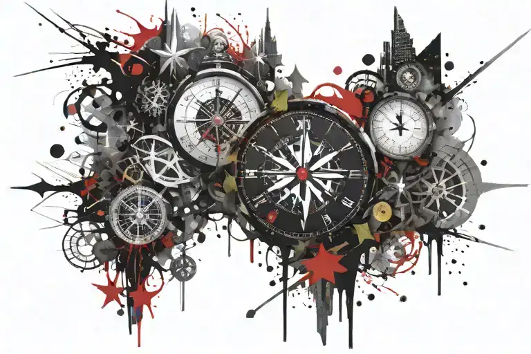 clock tree star and compass surrounded tattoo design idea