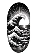  gentle wave half sleeve , sun setting sun by the sea with Greek band at base  tattoo design idea