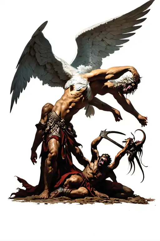 warrior angel with defeated demons on the ground curled tattoo design idea