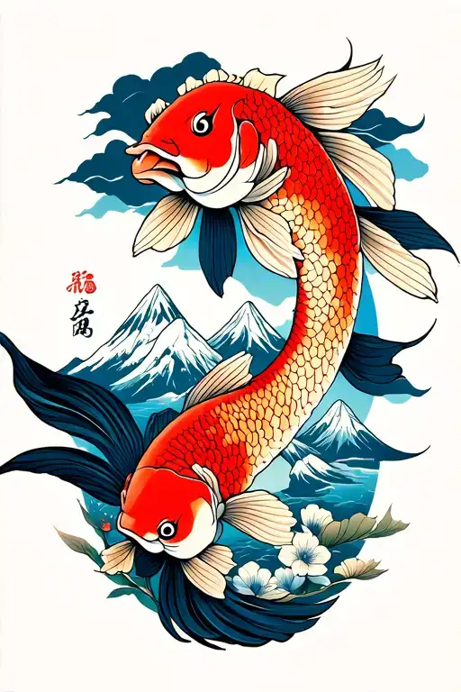 Japanese floral and fish surrounded by mountain range tattoo design idea