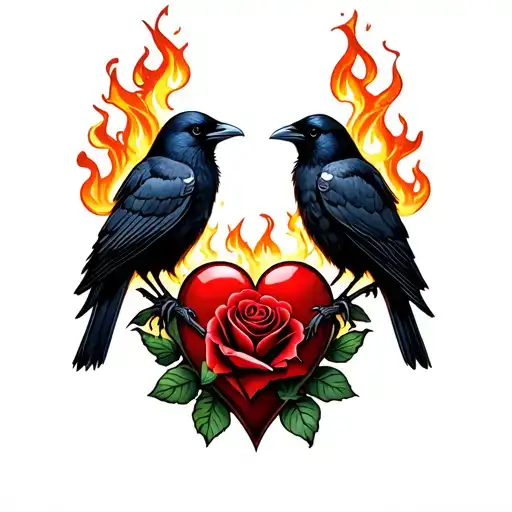 two crows and heart celtic fire rose tattoo design idea