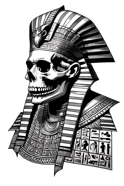 Pharaoh skull surrounded by hieroglyphics tattoo design idea