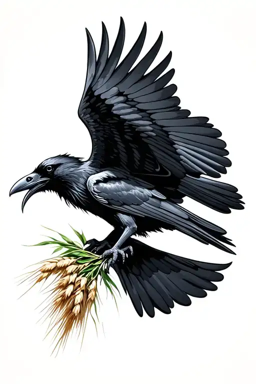 raven flying with open wings, hold a wheat plant in its mouth tattoo design idea
