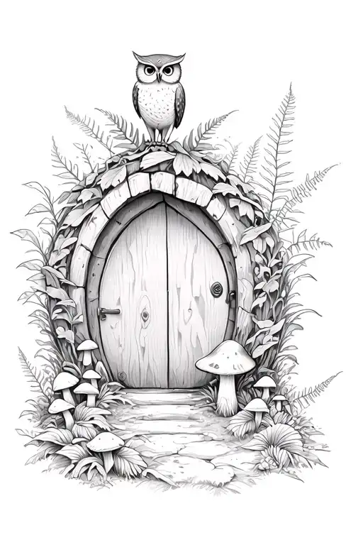 mystical garden with hobbit hole door and forest floor foliage, mushrooms, ferns, and animals, including a small owl tattoo design idea