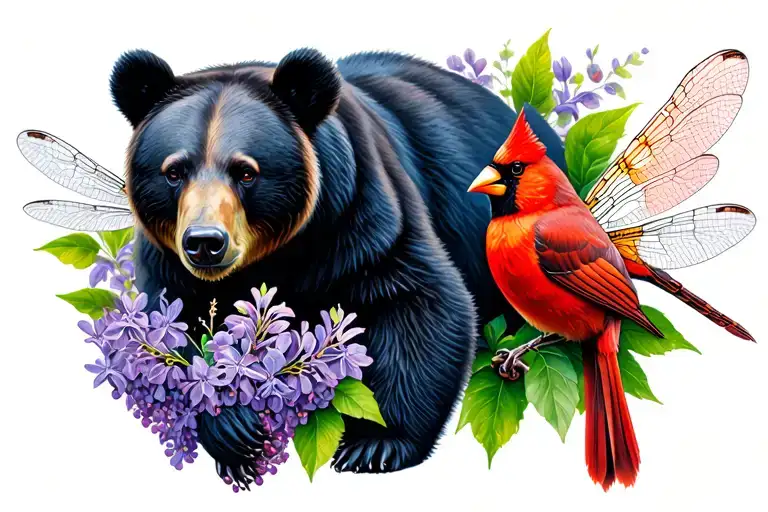 black bear, lilacs, dragonfly and cardinal tattoo design idea