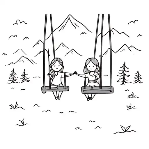 Two cute hosts, swinging on swings, holding hands in the middle. With fall trees around and mountains in the background  tattoo design idea