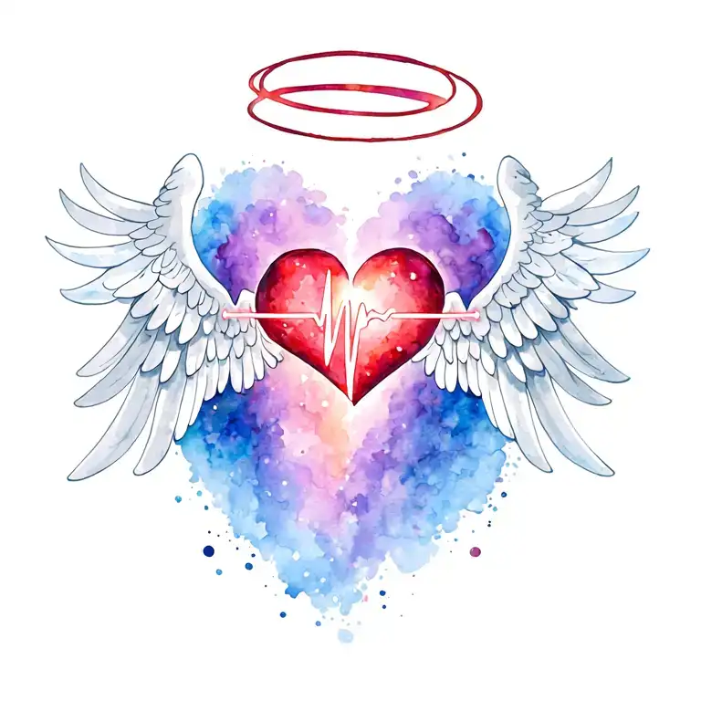 Memorial tattoo for Grandpa and Grandma with the last heartbeat in the shape of a heart. Wings and halo glowing.  tattoo design idea