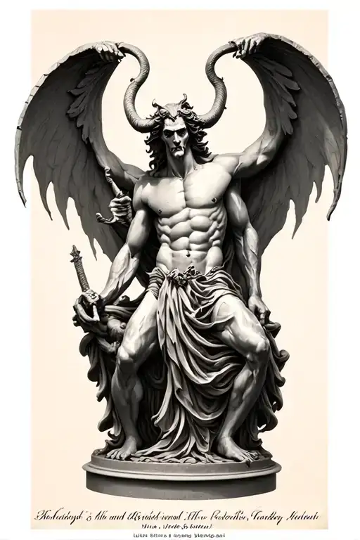 asmodeus and Lucifer statues symbolizing strength tattoo design idea