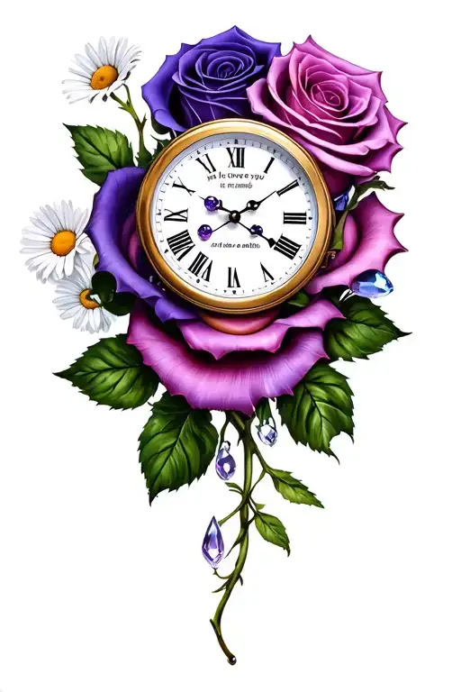 "HUDSON" "HUDSON", "I love you more than anything", death, life, clock, rose, violet, amethyst, daisy, moonstone tattoo design idea