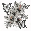 A hibiscus flower surrounded by a swarm of butterflies in different stages of flight, some perched on the petals and others fluttering around. Vines weaving through the design, adding a sense of flow and movement. tattoo design idea