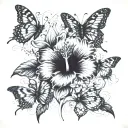 A hibiscus flower surrounded by a swarm of butterflies in different stages of flight, some perched on the petals and others fluttering around. Vines weaving through the design, adding a sense of flow and movement. tattoo design idea