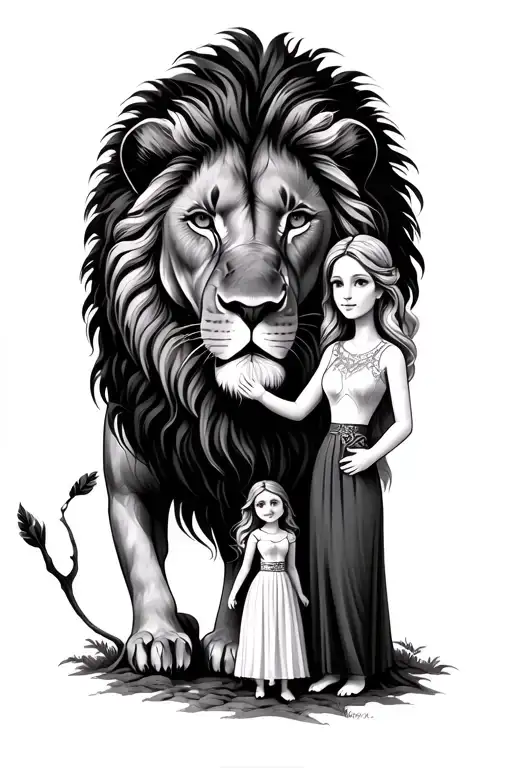 lion, family tree intertwined, daughter and wife holding hands tattoo design idea