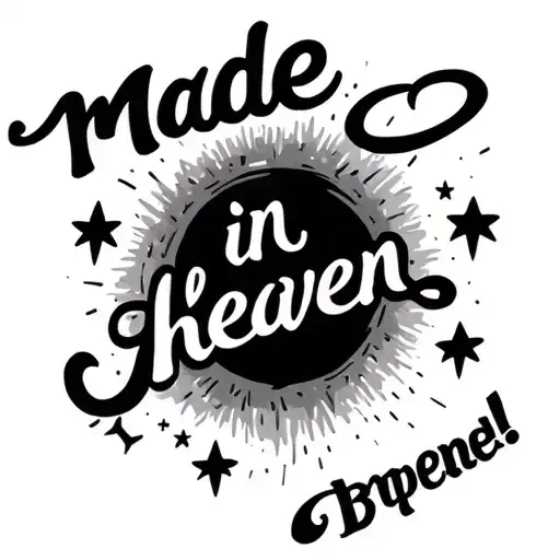 The words "Made in heaven" with stars around it and be in a straight line with a calm font tattoo design idea