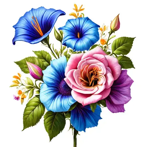 roses, lilies, asters, morning glory tattoo design idea