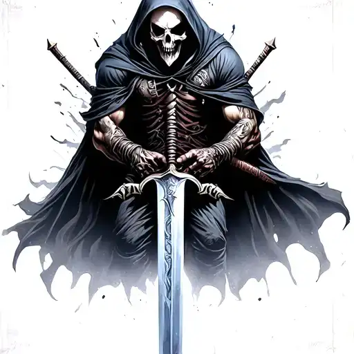 reaper full body, hooded, dark sword  tattoo design idea