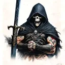 reaper full body, hooded, dark sword  tattoo design idea