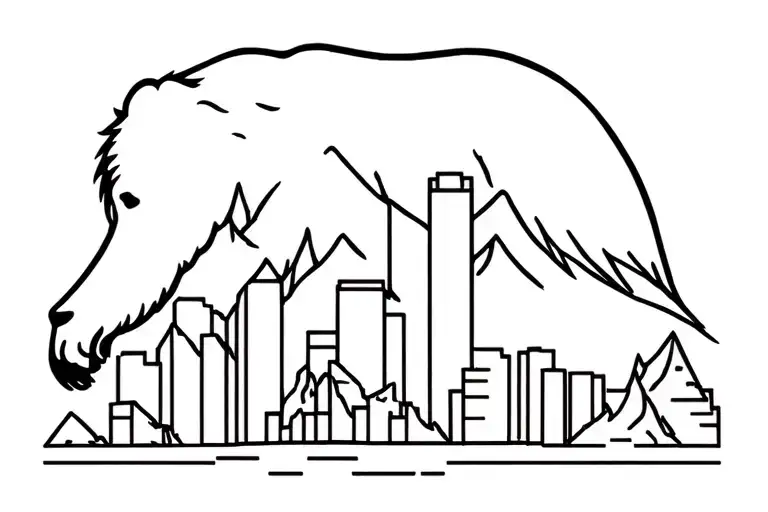 silhouette of a black bear with the Vancouver skyline and mountains in the silhouette  tattoo design idea