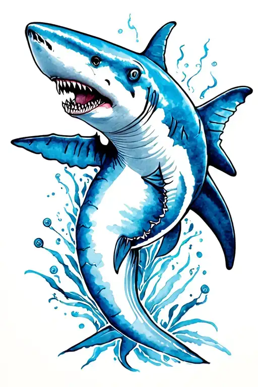 blue Ink shark with details in blue aquarel tattoo design idea