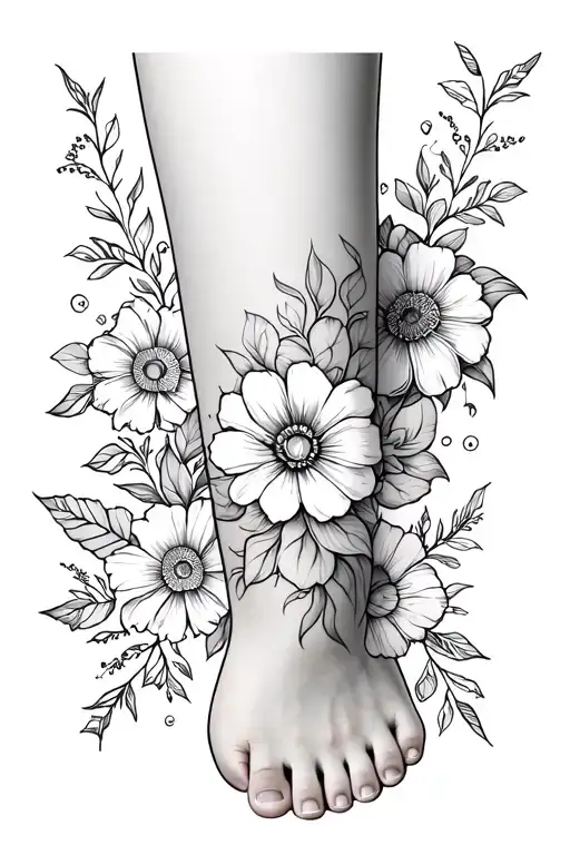 A set of floral tattoo sketches designed to wrap around the lower leg, starting from the toes and going upward in a circ tattoo design idea