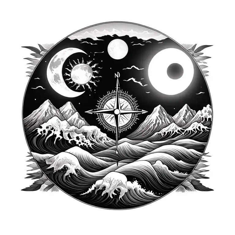 moon and sun waves mountain with elephant sobriety compass intertwined tattoo design idea