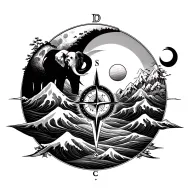 moon and sun waves mountain with elephant sobriety compass intertwined tattoo design idea