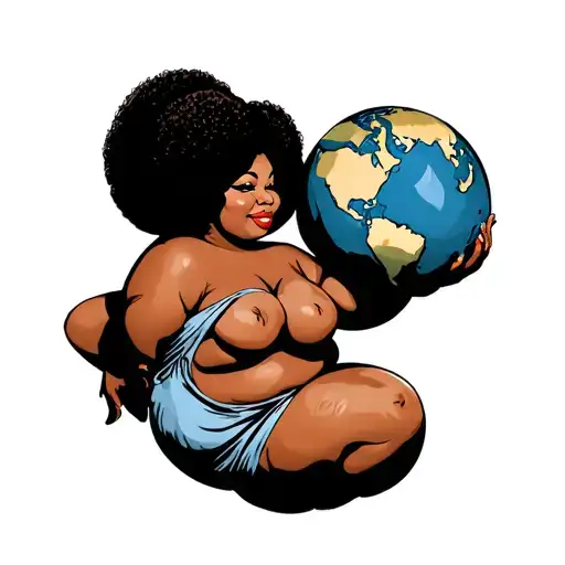 chubby black pin up girl with afro holding the world standing up wearing cloth tattoo design idea