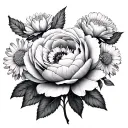 aster , peony, rose and carnation with serotonin chemical structure tattoo design idea